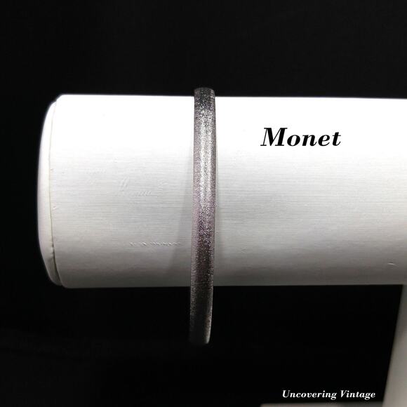 Vintage Monet Brushed Large Bangle Bracelet, Rhodium Plated, 1970s - Picture 1 of 10